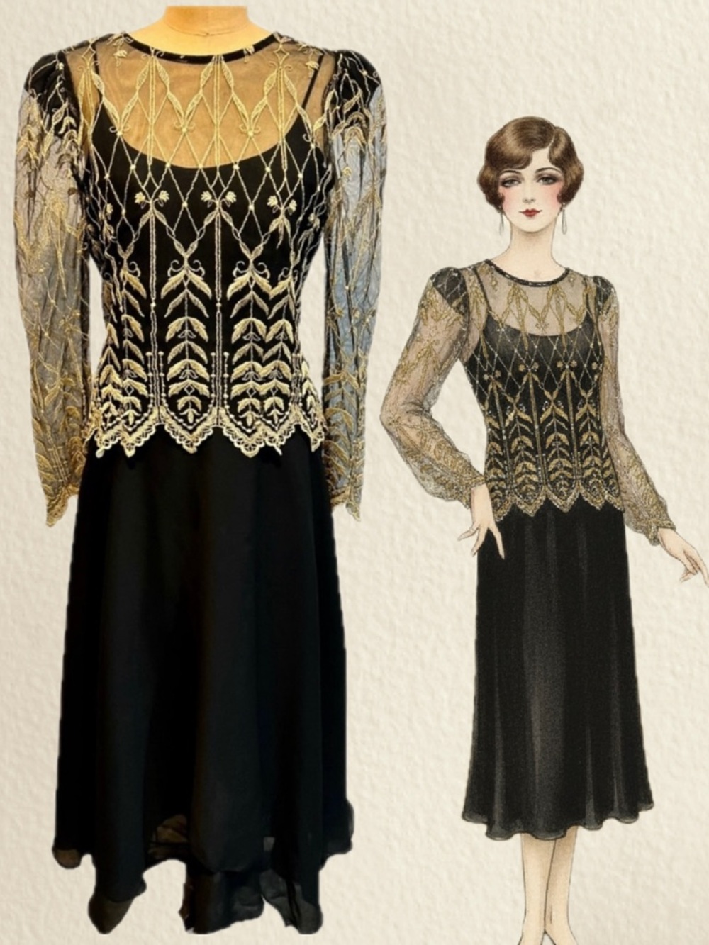 VINTAGE 80s evening gown gold embroidery illusion sheer sleeves midi fancy dress